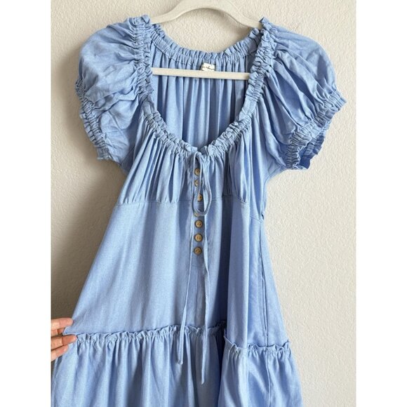 Hunter & Brown Women’s XL Blue Linen Blend Square Neck Tie Front Peasant Dress - Picture 5 of 12